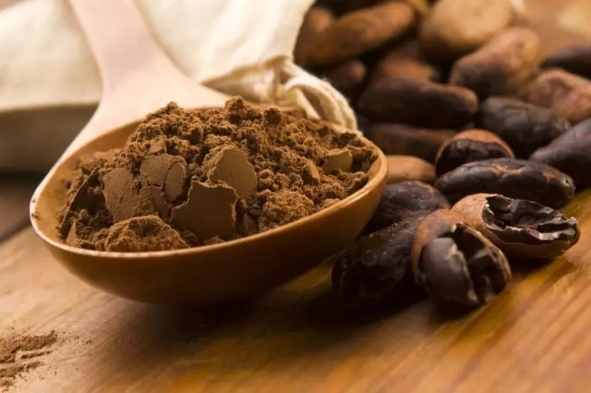 какао-бобы и порошок какао в деревянной ложке